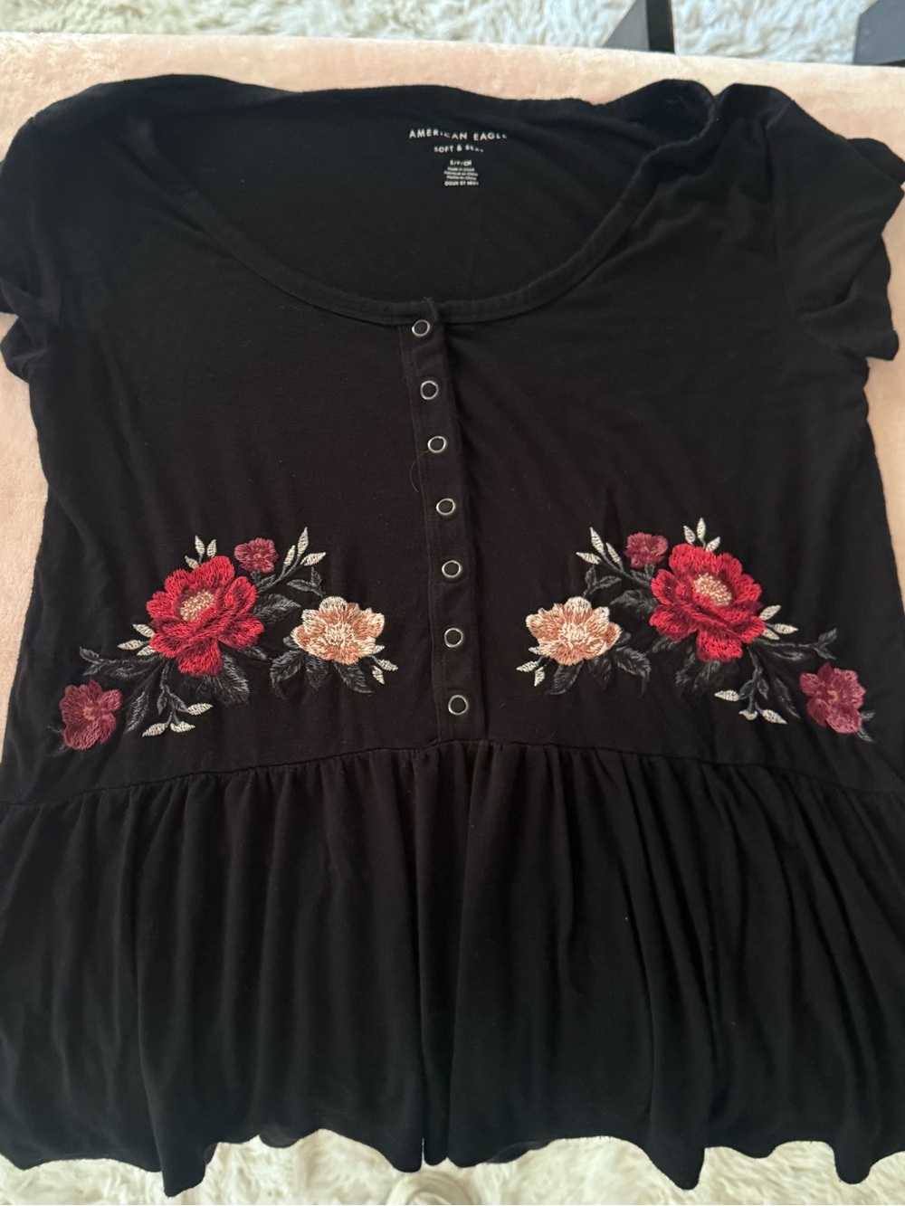 American Eagle Outfitters Black Floral Embroidered Henley Peplum Top